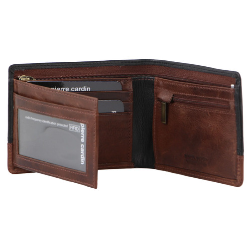 PIERRE CARDIN | Mens Leather 2-Tone Tri-Fold Wallet - Black/Cognac