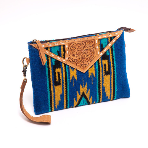 THE DESIGN EDGE | Saddle Blanket Large Clutch Bag with Tooled Leather - Blue