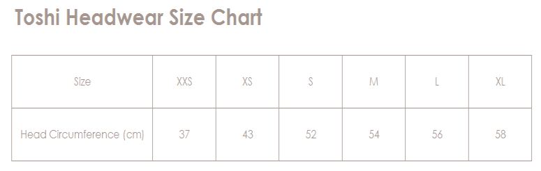 Toshi headwear size chart