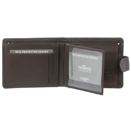 MILLENI | Mens Leather Tab Wallet w/Central Flap - Brown