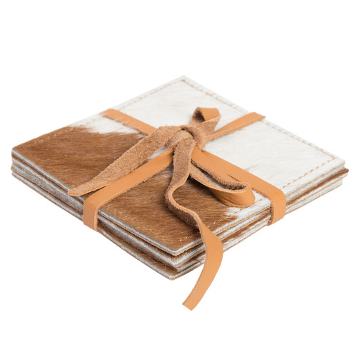DESIGN EDGE | Cowhide Coasters - Tan &amp; White Hairon - Set of 4