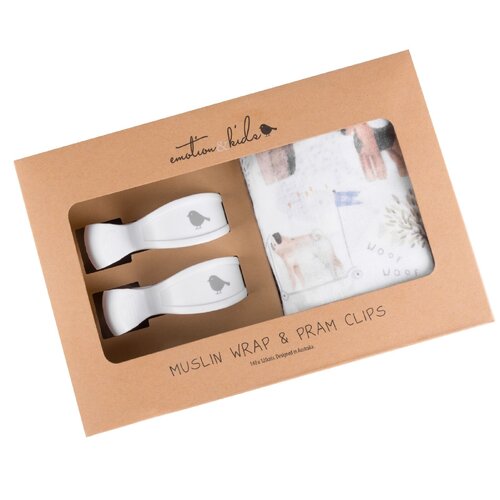 Emotion &amp; KIds | Dogs Day Out Muslin Wrap &amp; White Pram Clip Set
