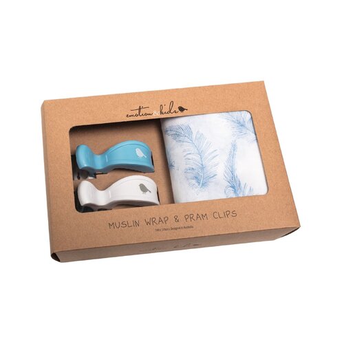 Emotion &amp; KIds | Blue Feather Muslin Wrap &amp; Blue White Pram Clip Set