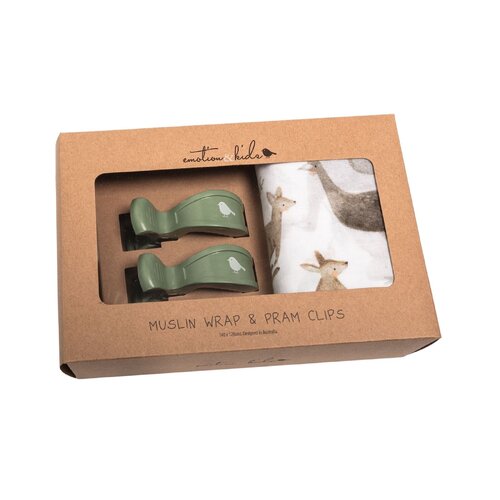 Emotion &amp; KIds | Australiana Muslin Wrap &amp; Sage Pram Clip Set