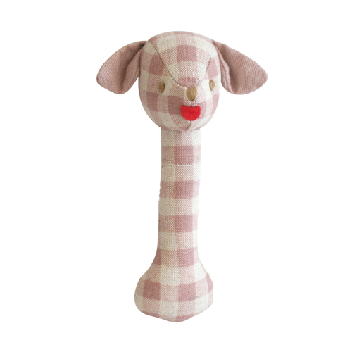 ALIMROSE | Puppy Stick Rattle - Rose Check Linen