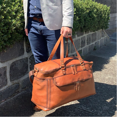 Pierre Cardin Leather Overnight Bag – Cognac | Wide Opening Multi-Compartment