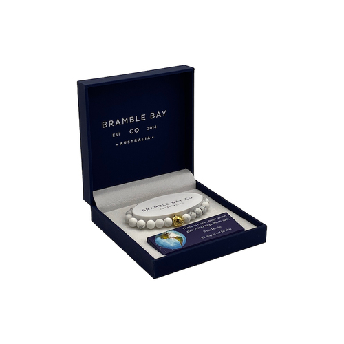 BRAMBLE BAY | Planet Earth Matte White Howlite GOLD S/S charm bracelet (8mm Bead)