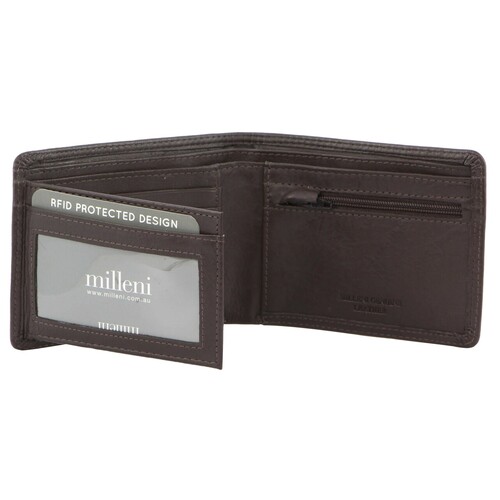 MILLENI | Mens Leather Tab Wallet w/Side Flap - Brown