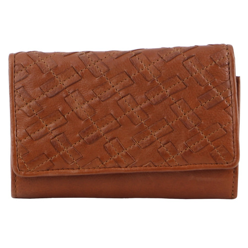 PIERRE CARDIN | Woven Embossed Leather Ladies Tri Fold Wallet - Tan